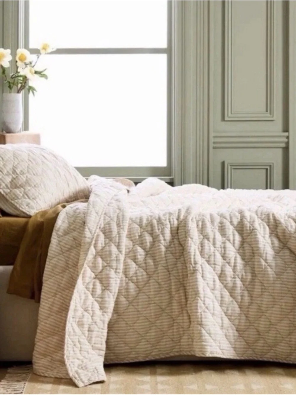 European Linen Natural and White Quilted Pillow Shams - Retail $60